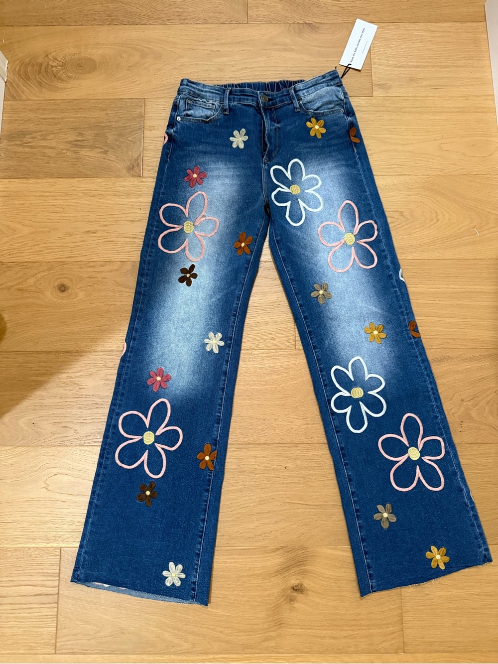 Oli & Hali Blue Denim Wide-Leg Jeans with Multicolor Floral Appliqués